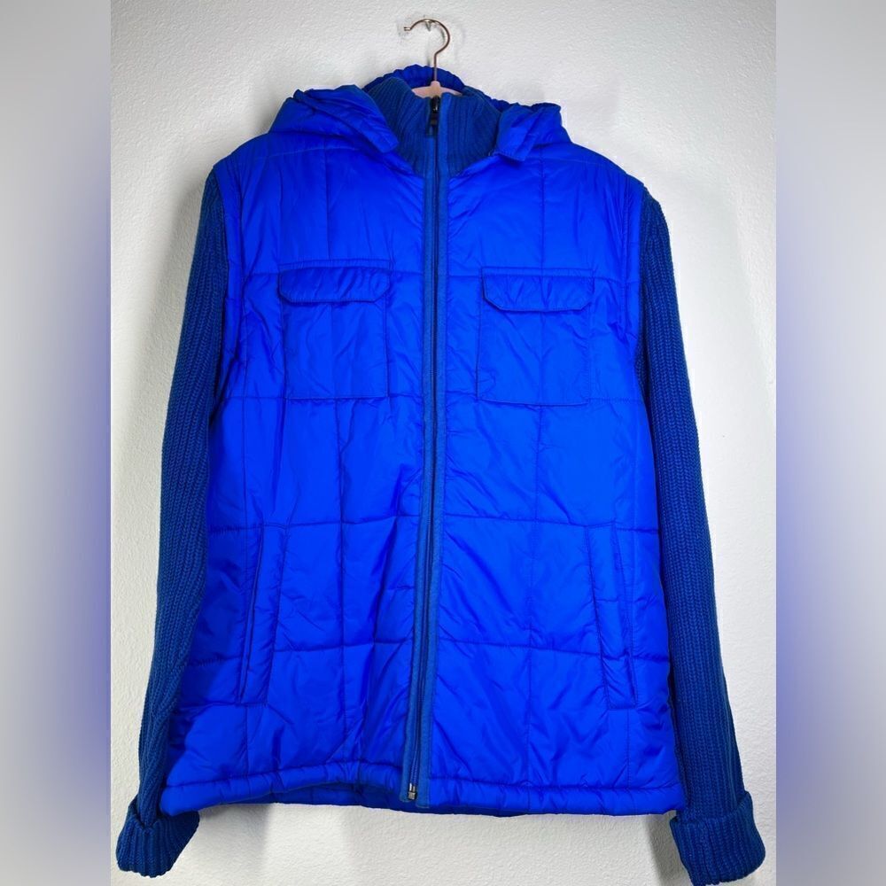 Sevensings Hooded Coat Puffer Vest with Knitted sleeves Blue Full zip 2 packets